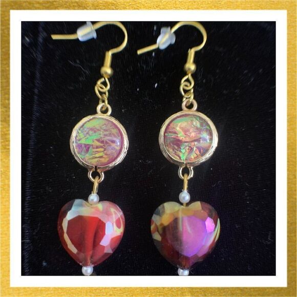 3/$20 Hand Crafted BEADED Dangle GLASS HEART Faux OPAL Gold EARRINGS - Picture 1 of 1